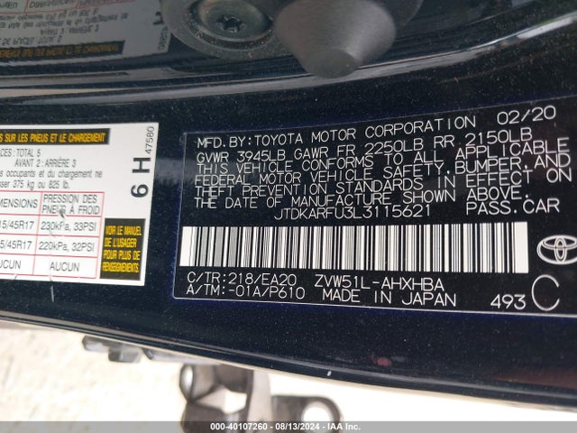 Toyota PRIUS XLE 2020 JTDKARFU3L3115621 Image 9
