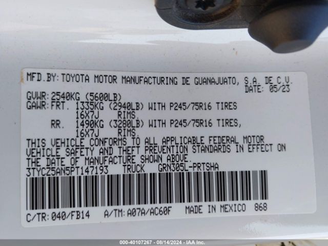 3TYCZ5AN5PT147193 Toyota Tacoma Sr V6