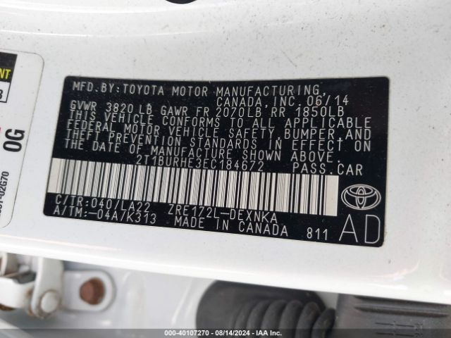 2T1BURHE3EC184672 Toyota Corolla Le Premium
