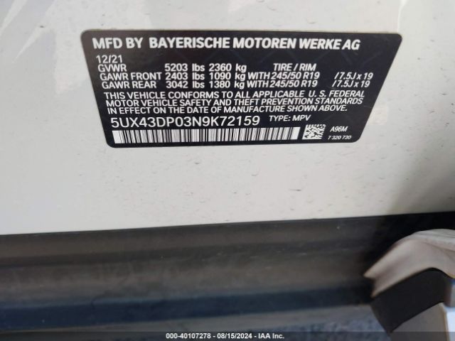 5UX43DP03N9K72159 BMW X3 Sdrive30i