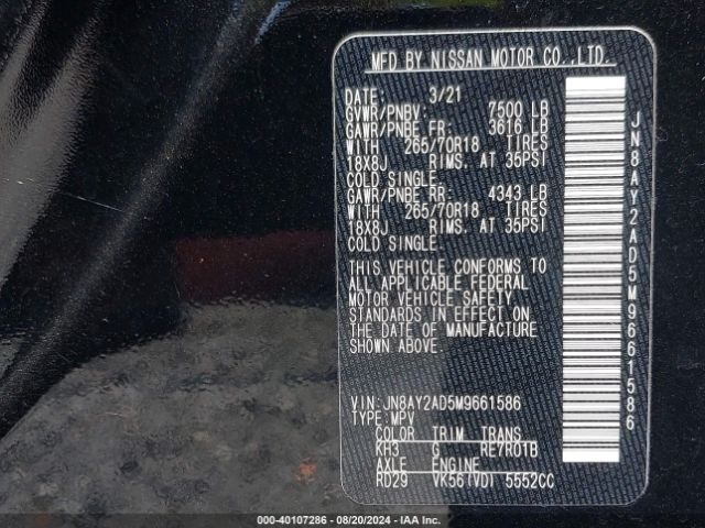 JN8AY2AD5M9661586 Nissan Armada Sv 4wd