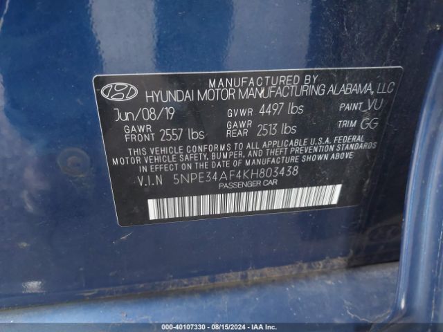 5NPE34AF4KH803438 Hyundai Sonata Limited
