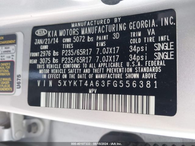 5XYKT4A63FG556381 KIA SORENTO LX