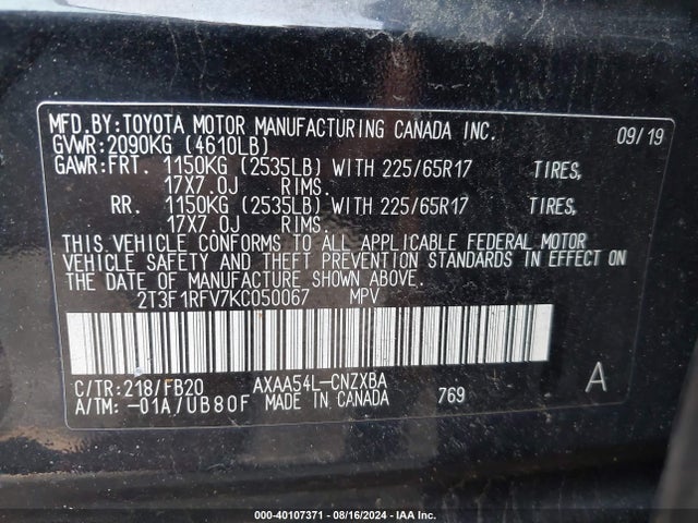 Toyota RAV4 LE 2019 2T3F1RFV7KC050067 Image 9