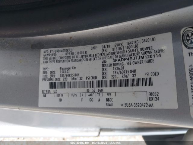 3FADP4EJ7JM120114 Ford FIESTA SE