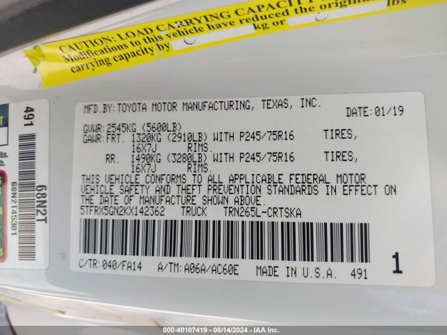 Toyota Tacoma Sr 2019 5TFRX5GN2KX142362 Image 9
