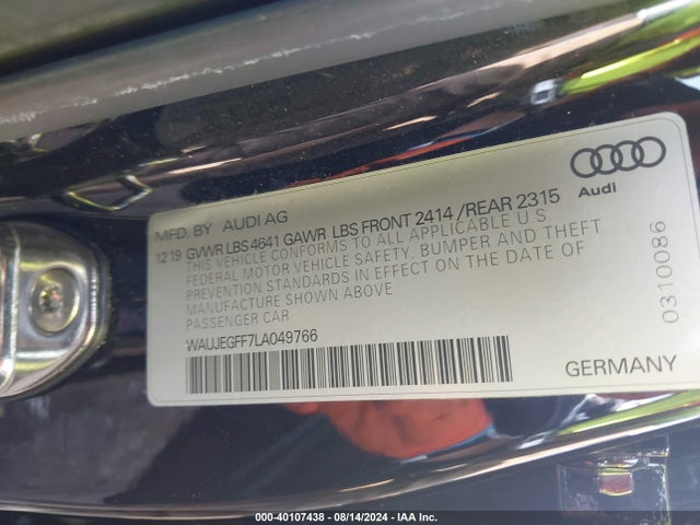 WAUJEGFF7LA049766 Audi A3 Premium Plus 45 Tfsi S Line Quattro S Tronic