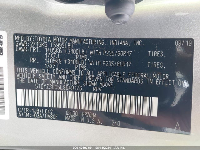 5TDYZ3DC5LS049176 Toyota SIENNA XLE