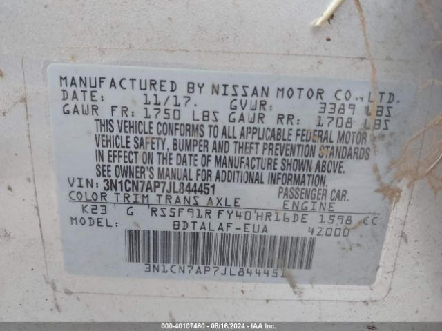 3N1CN7AP7JL844451 Nissan Versa 1.6 S