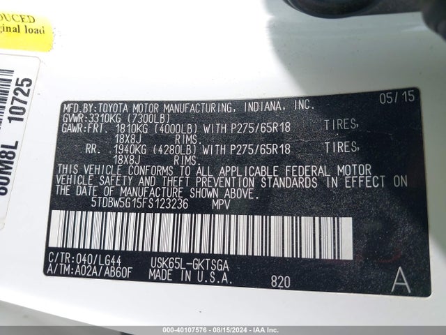 Toyota Sequoia Sr5 5.7l V8 2015 5TDBW5G15FS123236 Image 9