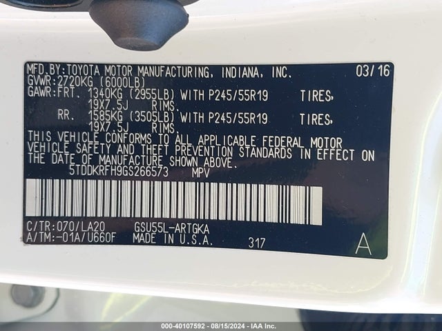 5TDDKRFH9GS266573 Toyota Highlander Limited V6