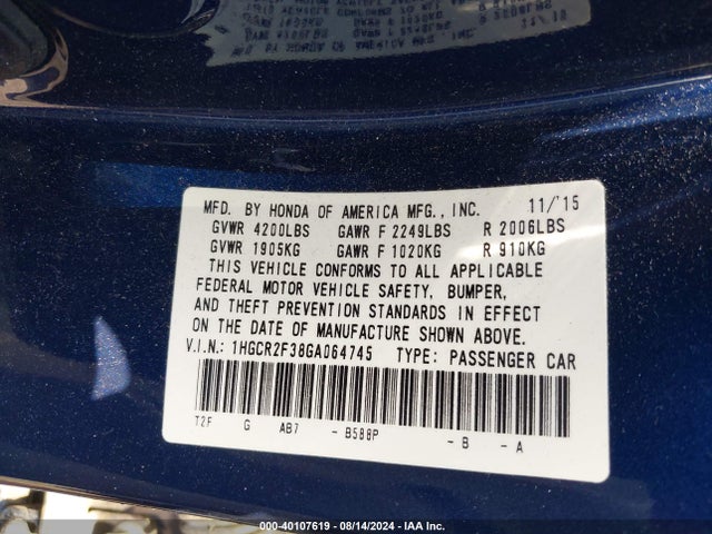 Honda ACCORD LX 2016 1HGCR2F38GA064745 Image 9