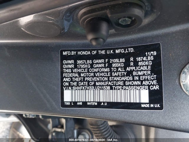 Honda Civic Lx 2020 SHHFK7H32LU211538 Image 9