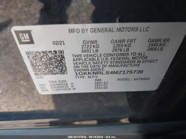 1GKKNRLS4MZ175739 GMC Acadia Awd Sle