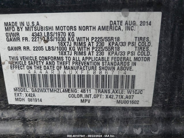4A4AR3AUXFE006714 Mitsubishi Outlander Sport Es