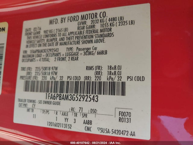 Ford Mustang V6 2016 1FA6P8AM3G5292543 Image 9