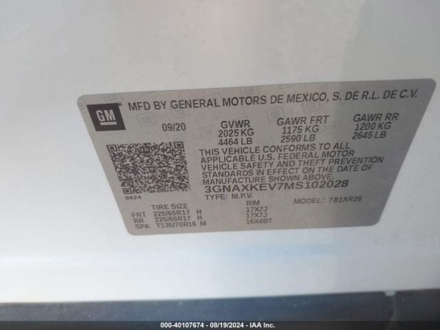 3GNAXKEV7MS102028 Chevrolet Equinox Fwd Lt