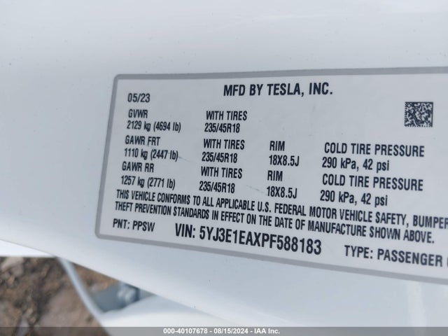 2023 TESLA MODEL 3 5YJ3E1EAXPF588183 Photo 8