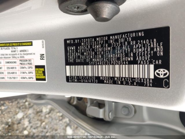 5YFS4RCE2LP020544 Toyota COROLLA SE