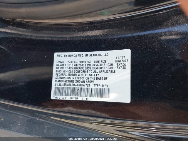 Honda Odyssey Ex-l 2018 5FNRL6H73JB067763 Image 9
