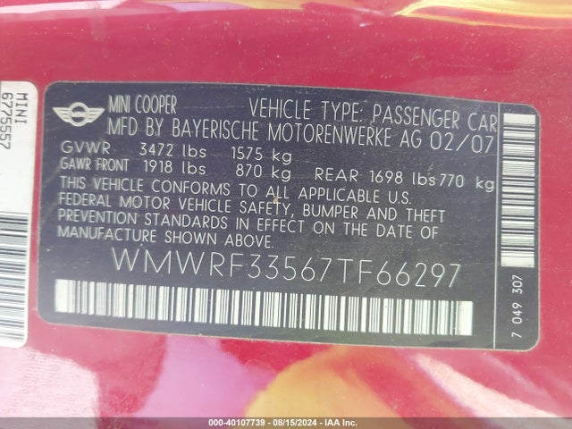 2007 MINI COOPER WMWRF33567TF66297 Photo 8