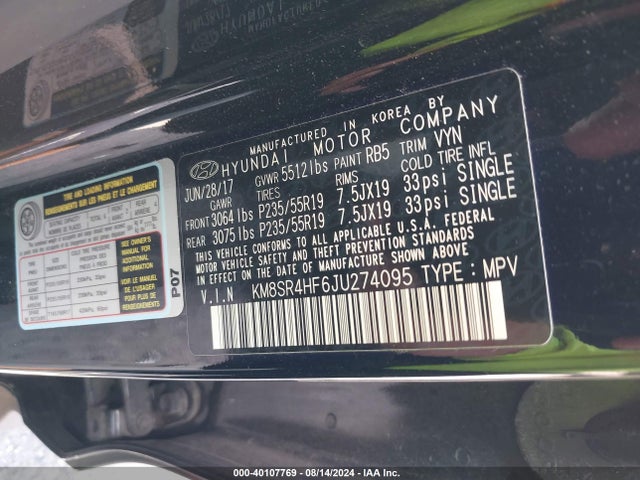 Hyundai Santa Fe Limited Ultimate 2018 KM8SR4HF6JU274095 Image 9