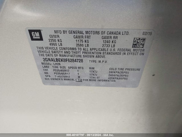 Chevrolet EQUINOX 1LT 2015 2GNALBEK8F6284728 Image 9