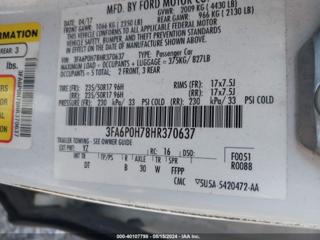 3FA6P0H78HR370637 Ford FUSION SE