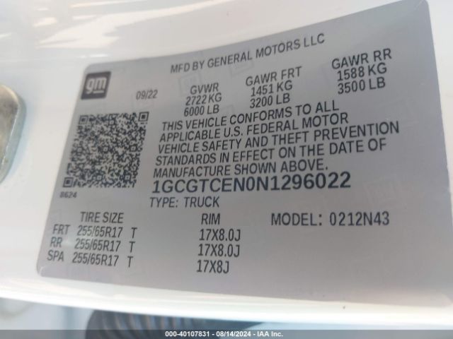 1GCGTCEN0N1296022 Chevrolet Colorado 4wd  Short Box Lt