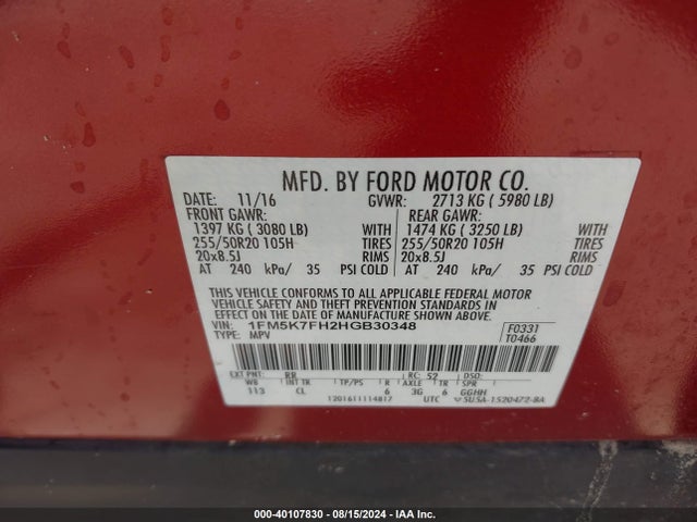 Ford Explorer Limited 2017 1FM5K7FH2HGB30348 Image 9
