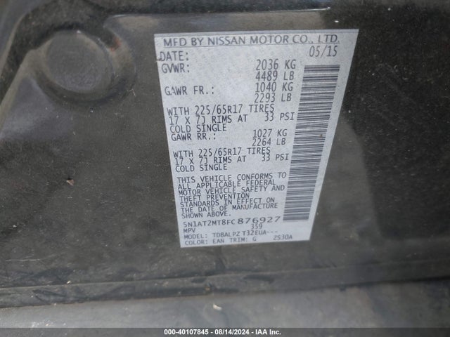 Nissan ROGUE S 2015 5N1AT2MT8FC876927 Image 9
