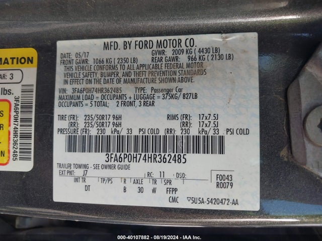 Ford FUSION SE 2017 3FA6P0H74HR362485 Image 9