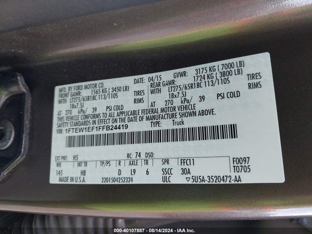 Ford F-150 Lariat 2015 1FTEW1EF1FFB24419 Image 9
