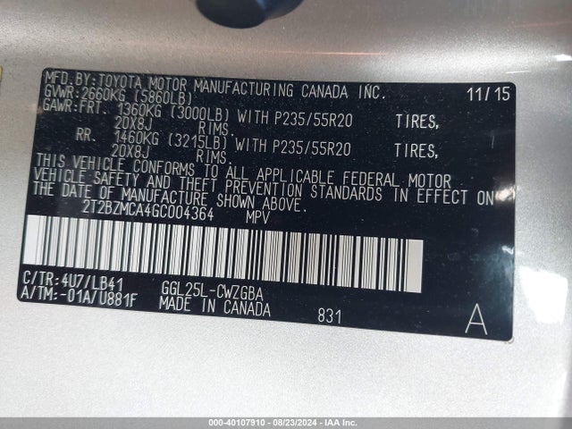Aukcja sprzedaży 2016 Lexus Rx 350, vin: 2T2BZMCA4GC004364, numer aukcji: 40107910