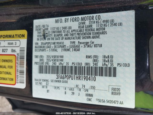 3FA6P0PU1HR190410 Ford Fusion Energi Se Luxury