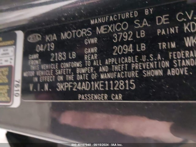 3KPF24AD1KE112815 KIA Forte Lxs