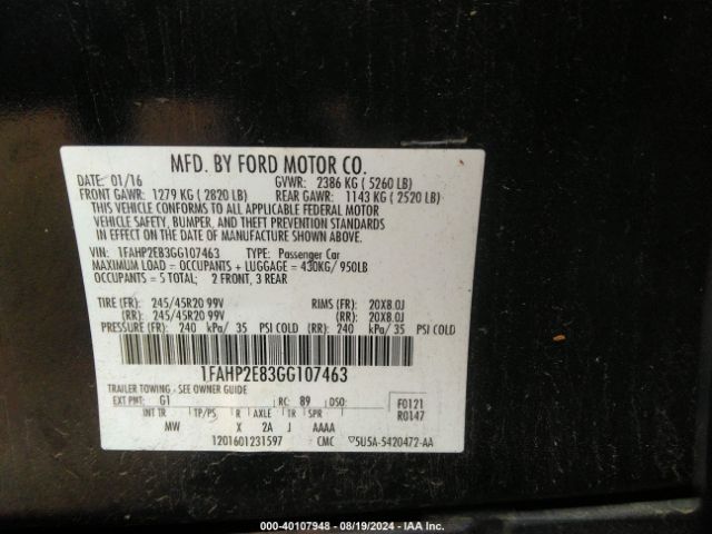 1FAHP2E83GG107463 Ford TAURUS SEL