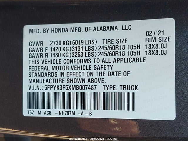 Honda Ridgeline Awd Rtl 2021 5FPYK3F5XMB007487 Image 9