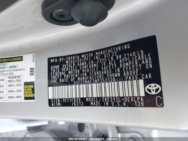 Toyota COROLLA LE 2022 5YFEPMAE3NP352120 Image 9