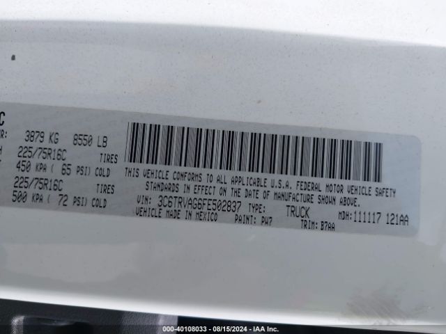 3C6TRVAG6FE502837 RAM Promaster 1500 Low Roof