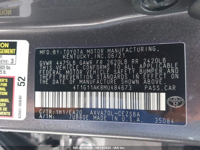 Toyota CAMRY SE 2021 4T1G11AK8MU484673 Image 9