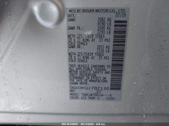 5N1AT2MT1LC702130 Nissan Rogue Sl Fwd