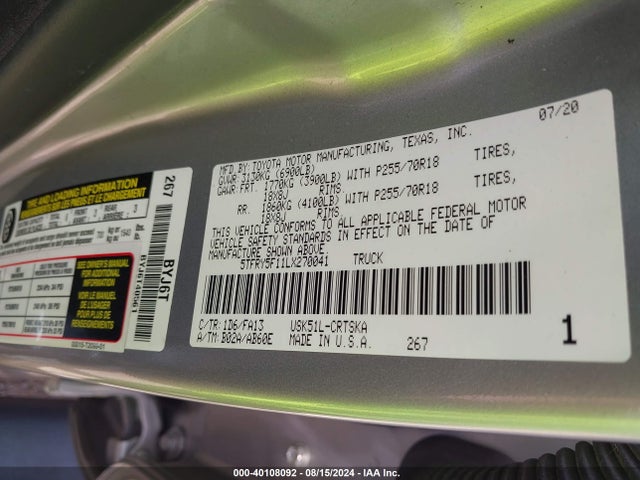 Toyota Tundra Sr 2020 5TFRY5F11LX270041 Image 9
