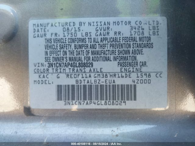 3N1CN7AP4GL808029 Nissan Versa 1.6 S/1.6 S+/1.6 Sl/1.6 Sv