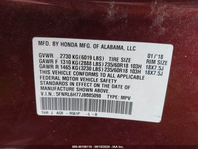 Honda Odyssey Ex-l 2018 5FNRL6H77JB085098 Image 9