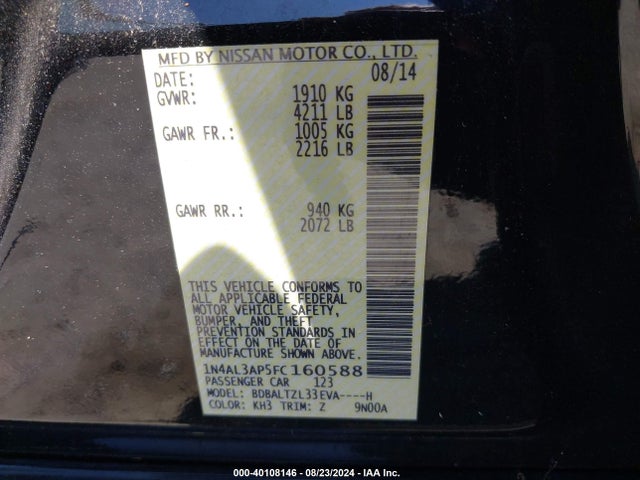 Nissan Altima 2.5 Sl 2015 1N4AL3AP5FC160588 Image 9