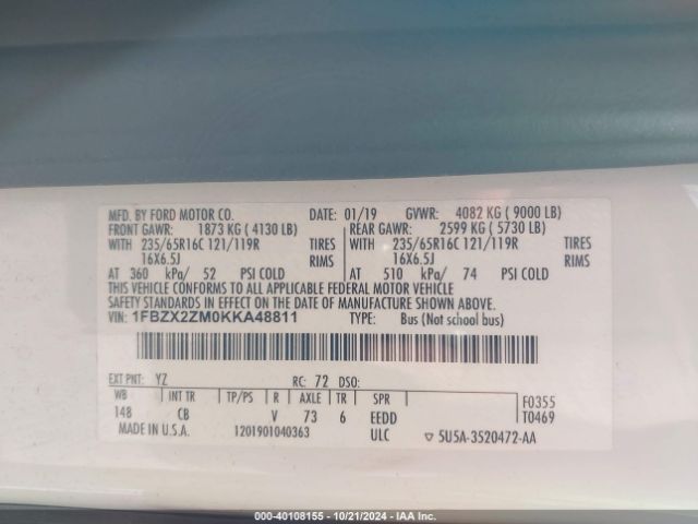 1FBZX2ZM0KKA48811 Ford Transit-350 Xlt