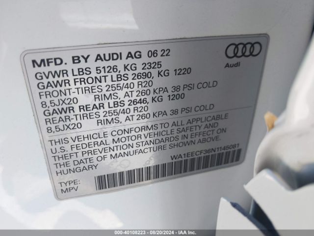 WA1EECF36N1145081 Audi Q3 Premium Plus 45 Tfsi S Line Quattro Tiptronic