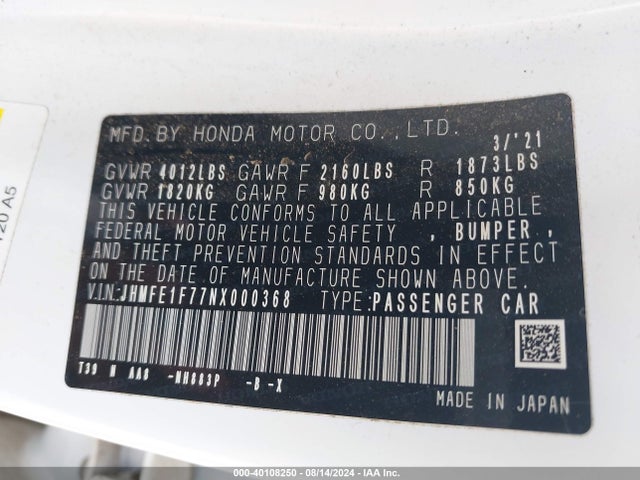 Honda CIVIC EX 2022 JHMFE1F77NX000368 Image 9