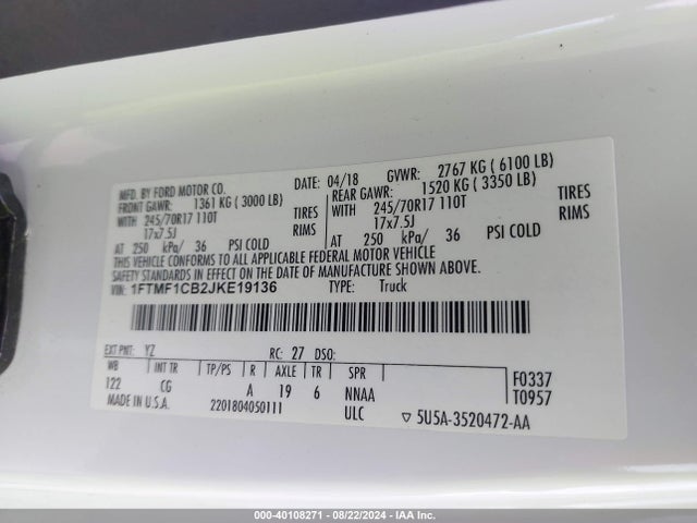 Ford F-150 Xl 2018 1FTMF1CB2JKE19136 Image 9